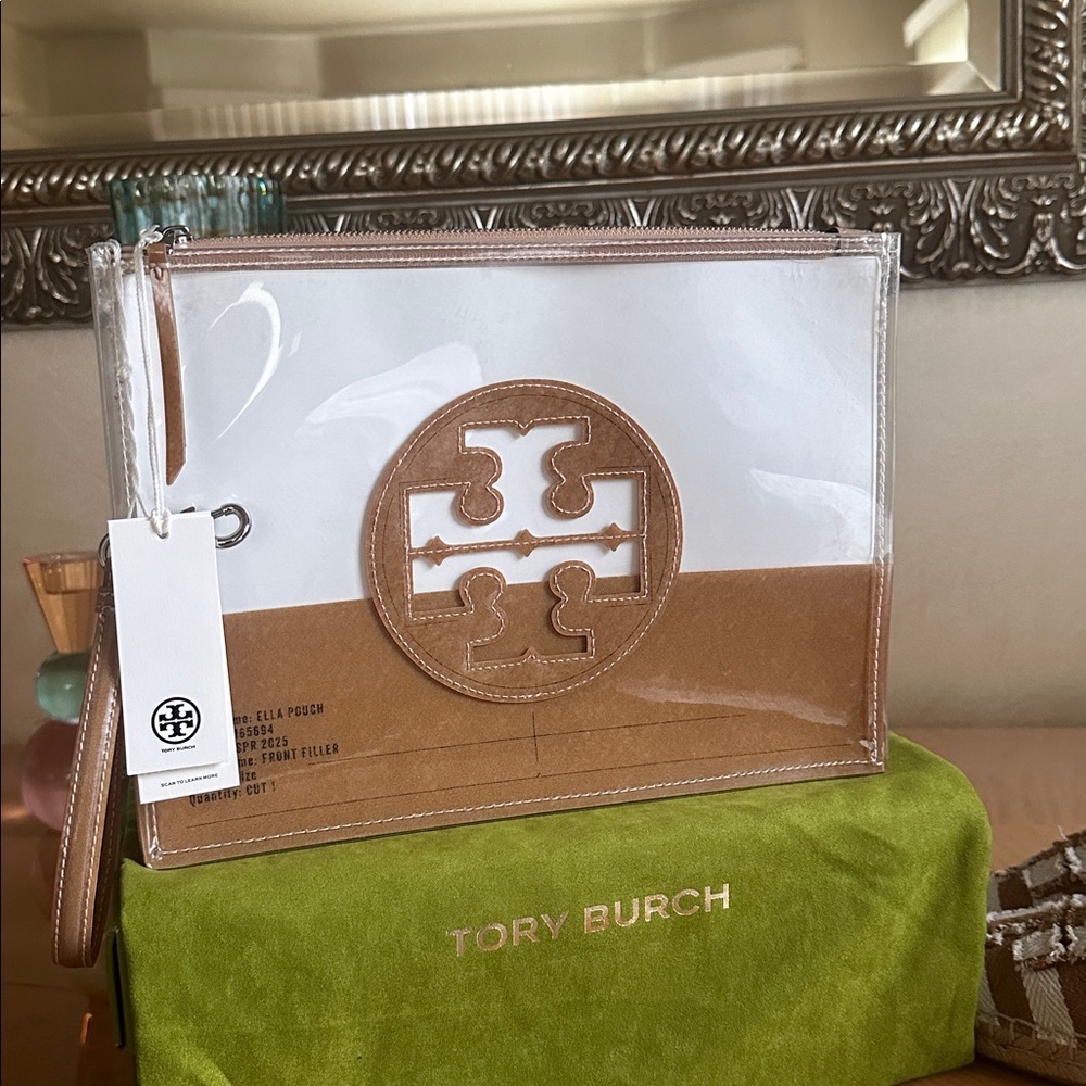 Tory Burch Clear and Brown Logo Clutch